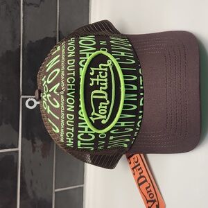 Von Dutch Brown and Neon Green Trucker Hat. Adjustable. New